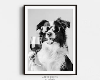 Border Collie and Wine Print: Bar Cart Print, Funny Dog Poster, Trendy Kitchen Decor - Black & White Wall Art