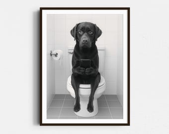 Chocolate Lab On Toilet Print: Labrador Poster, Trendy Dog Art, Funny Bathroom Wall Decor - Black & White Wall Art