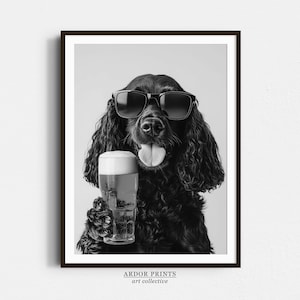 ビールを飲むブラックコッカースパニエルのウォールアート、白黒プリント、犬のギフト、ビールアルコールプリント、面白い犬のポスター、バーカートプリント