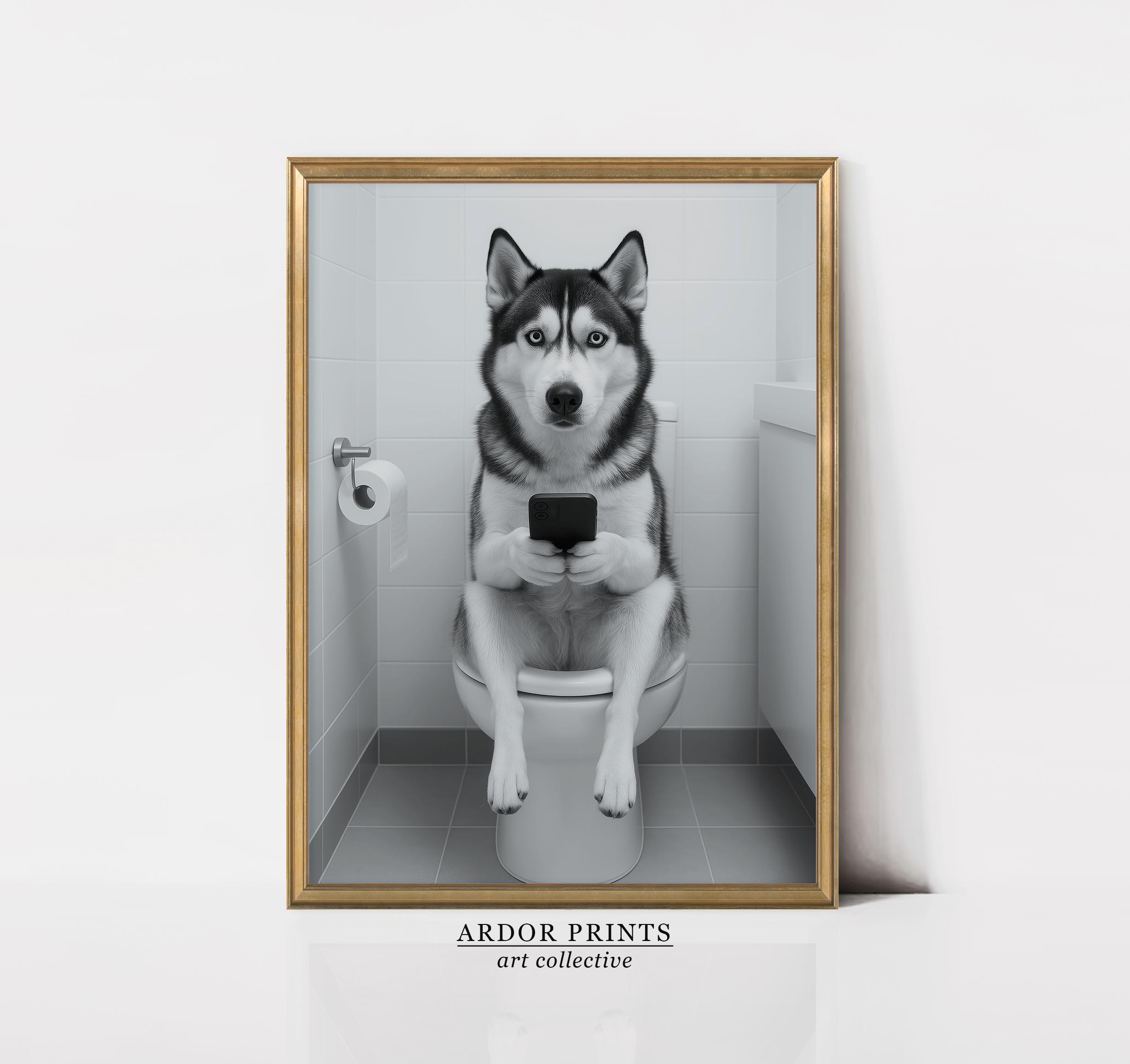 Siberian Husky on Toilet Print: Dog Poster, Trendy Dog Art, Funny