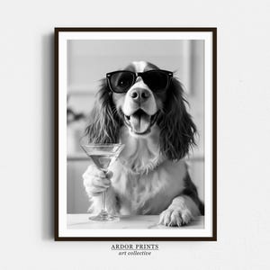 Bretagne-spaniël cocktail drinken muurkunst, zwart-wit print, hond cadeau, martini alcohol print, grappige hond poster, bar kar decor