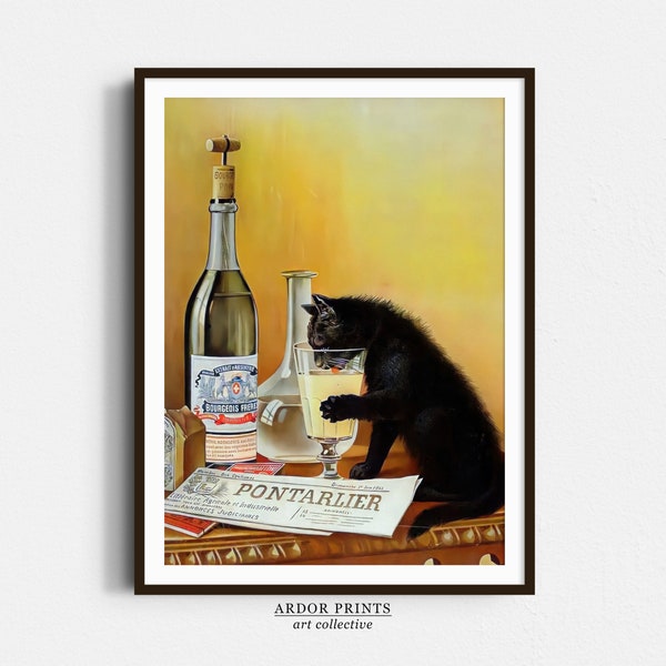 Cat Drinking Absinthe Wall Art, Vintage Alcohol Poster, Old French, Absinthe Bourgeois Print, Retro Decor, Trendy Poster, Bar Cart Print