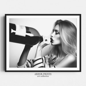 Girl Drinking Oversized Wine Print, Retro Fashion Woman Drinking Wall Art, Black and White Print, Alcohol Poster, Bar Cart, Retro Wall Decor