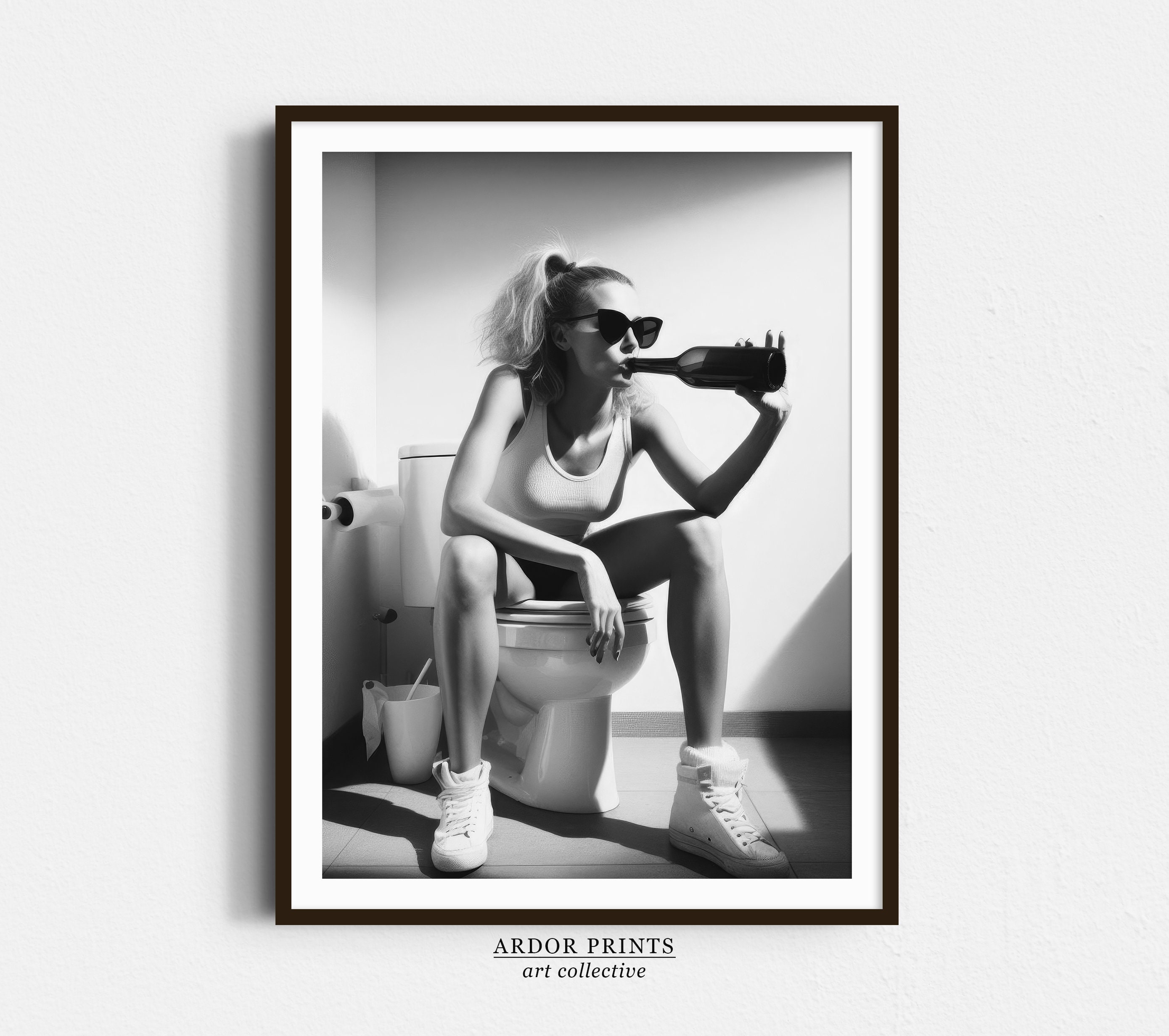 Girl Sitting On Toilet Print, Woman On Toilet Smoking and Drinking Beer, Black and White Art, Funny Bathroom Wall Art, Retro Wall Decor