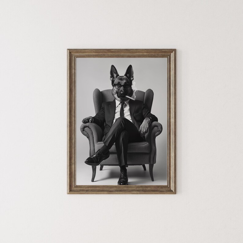 German Shepherd Smoking Wall Art, Black and White Print, German