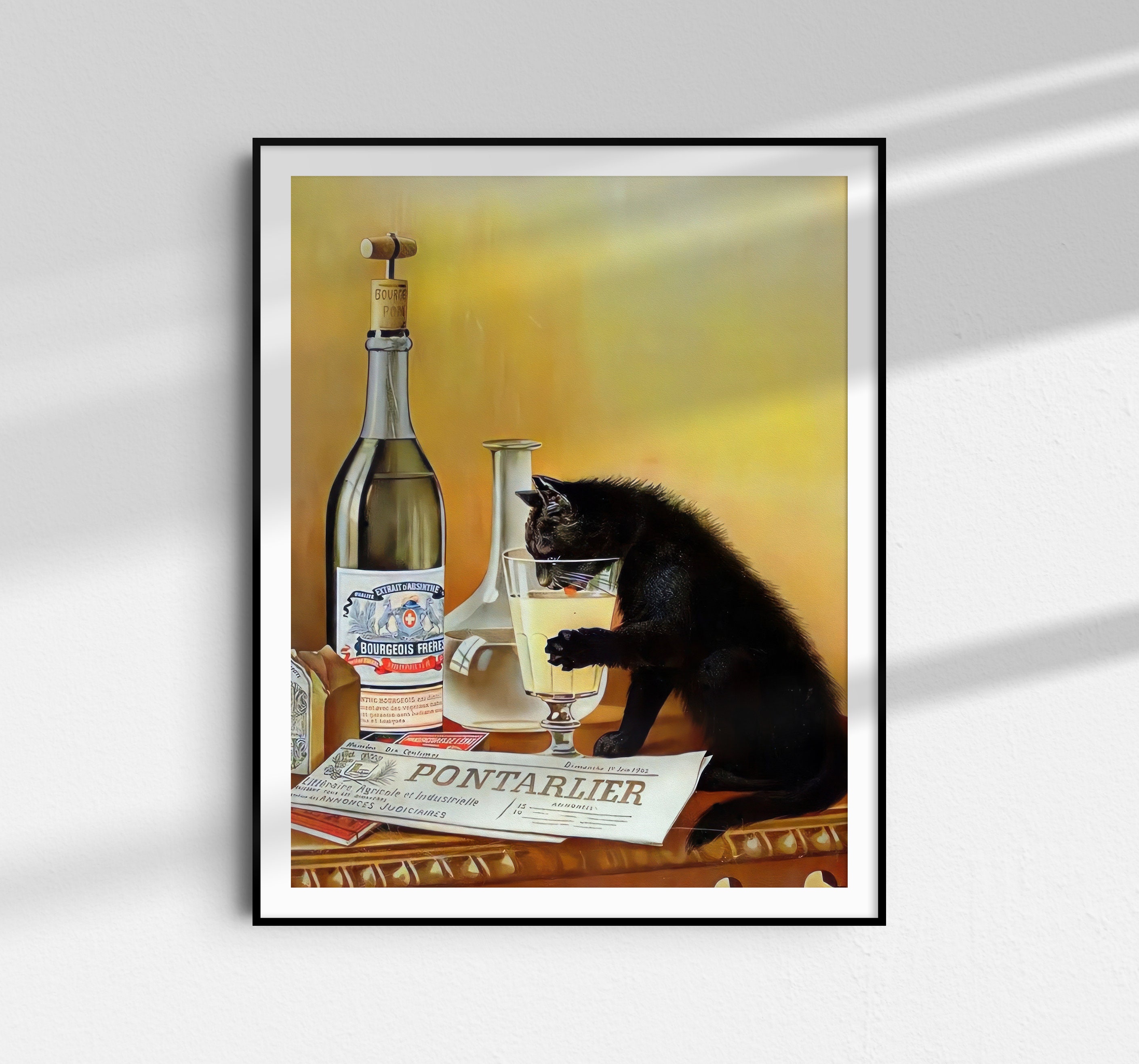 ペン画　30x40cm Black Cat Drinking Absinthe Print: Retro Bar Cart Poster, Absinthe