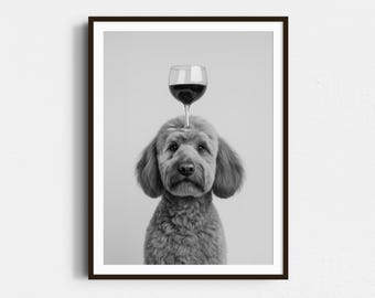 Goldendoodle Balancing Wine Glass Print: Funny Bar Cart Dog Poster, Doodle Alcohol Kitchen Decor - Black & White Wall Art
