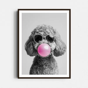 Goldendoodle Pink Bubble Gum Print: Funny Doodle Dog Poster, Trendy Dog Portrait, Pop Art Decor - Black & White Wall Art