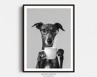 Impresión de café con galgo: decoración de cafetería, póster divertido de perro, arte mural para cocina - Impresión en blanco y negro