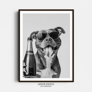 Pitbull hält Champagnerflasche Wandkunst, Schwarz-Weiß-Druck, Pitbull-Geschenk, Haustierkunst, Alkoholdruck, lustiges Hundeposter, Home-Bar-Dekor