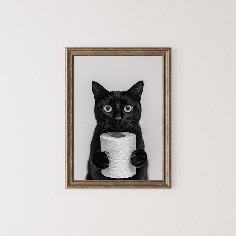 Funny Black Cat Bathroom Print: Cat Holding Toilet Roll Wall Art ...