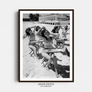 Beauty School At The Beach Wall Print, 1940s Women in Swimwear, Bikini Fashion, Vintage Beauties, Black and White Wall Art, Retro Wall Decor