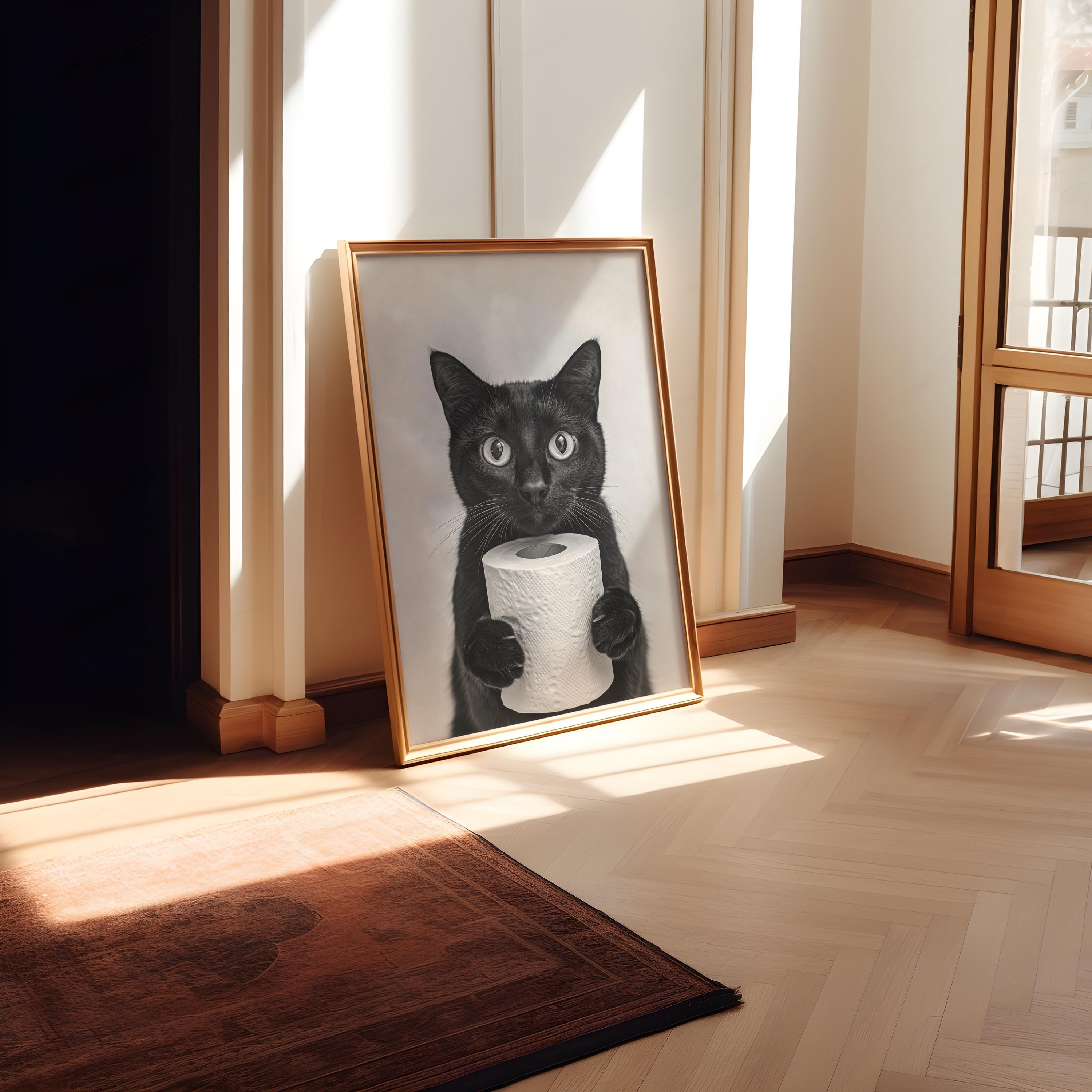 Funny Black Cat Bathroom Print: Cat Holding Toilet Roll Wall Art ...