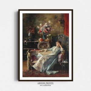 Antique Portrait of Woman Sitting on Sofa, Vintage Victorian Woman Wall Art, Muted Oil Painting, Antique Wall Decor, Vintage Art Print