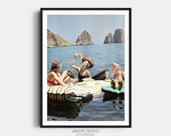 Women Eating Pasta On Water Art, Vintage Girls Eating Spaghetti on Lake Print, Picnic On Floaties Poster, Kitchen Wall Art, Retro Wall Decor