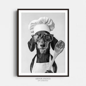 Arte della parete dello chef bassotto nero, stampa in bianco e nero, stampa di cucina, regalo per cani, poster di cani divertenti, arredamento della sala da pranzo, arredamento della parete della cucina