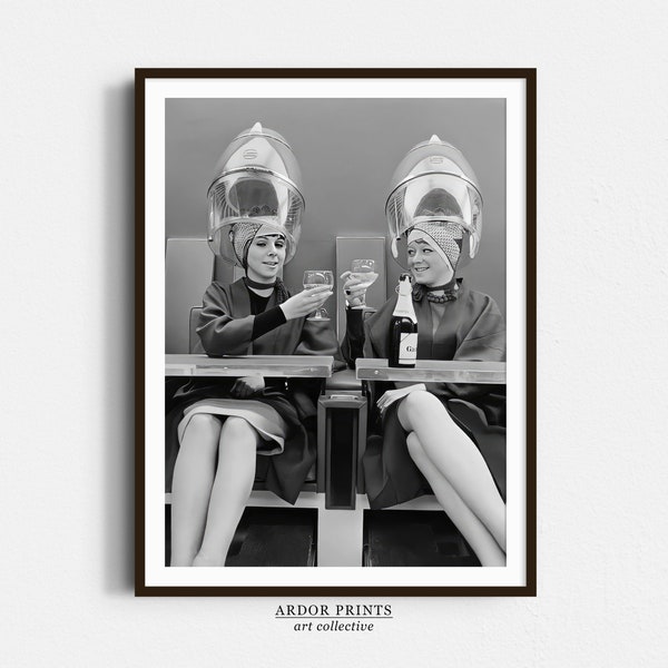 Women Drinking Champagne at Hair Salon Wall Art, London 1960s, Vintage Beauty Salon, Black and White Print, Retro Hairdressing Wall Decor