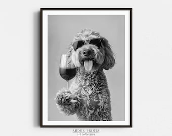 Goldendoodle Wine Print: Funny Dog Poster, Doodle Bar Cart Print, Trendy Kitchen Wall Decor - Black and White Wall Art