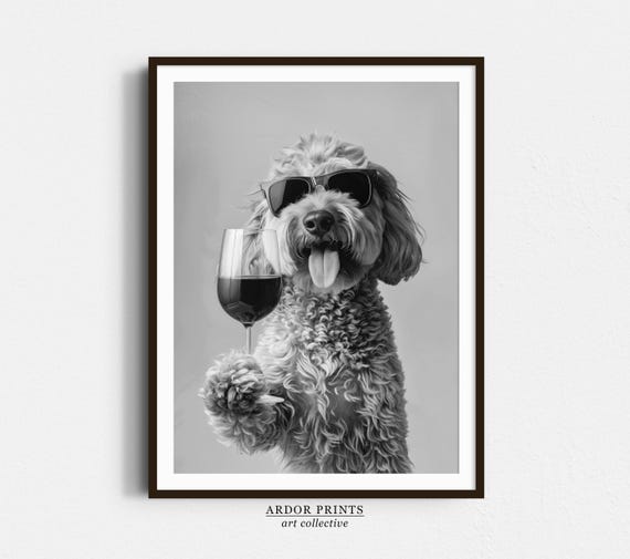 Goldendoodle Wine Print: Funny Dog Poster, Doodle Bar Cart Print, Trendy Kitchen Wall Decor - Black and White Wall Art
