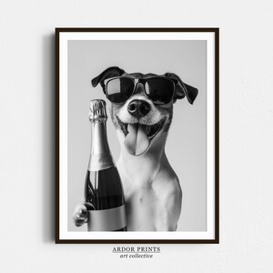 Jack Russel Trinkt Champagner Wandkunst, Schwarzweißdruck, Hundebesitzer Geschenk, Haustierkunst, Bar Cart Print, Hund Poster, Hausbardeko