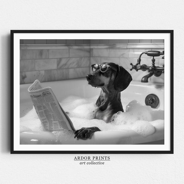 Dachshund in Bathtub Wall Art, Dog Reading Newspaper in Bubble Bath Poster, Black and White Print, Funny Wall Art, Bathroom Wall Decor
