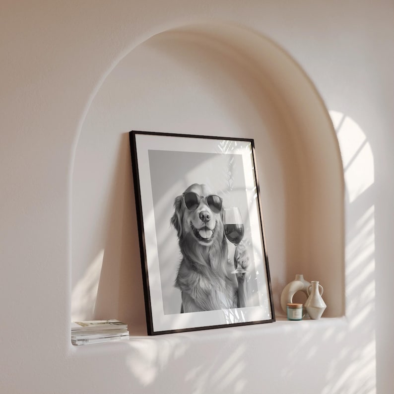 Golden Retriever Drinking Red Wine Print, Black and White Art, Bar Cart