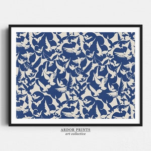 Abstract Bird Pattern Art, Antique Abstract Wall Art, Vintage Pattern Print, Blue and White Pigeons Print, Antique Wall Decor