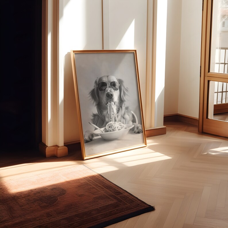 Golden Retriever Eating Pasta Wall Art: Funny Spaghetti Dog Print, Black & White Kitchen Decor, Retro Dog Poster image 5