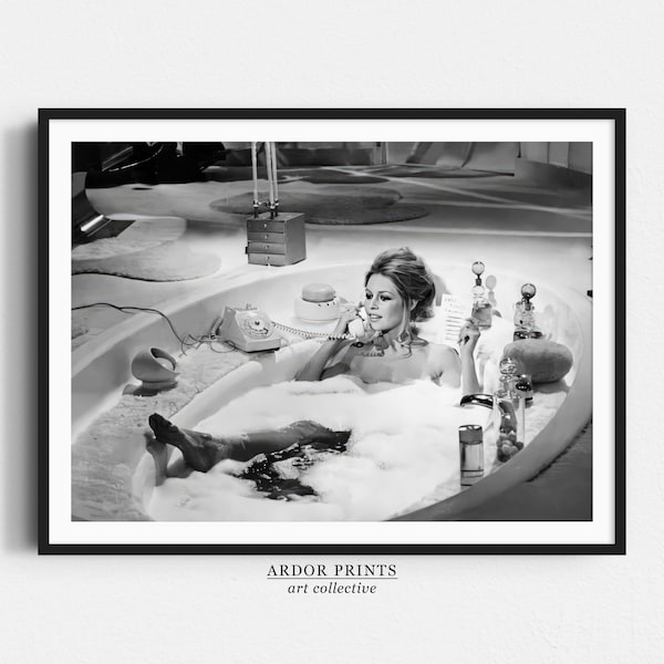 Brigitte Bardot Bathtub Wall Art, Black and White Print, Woman in Bath Poster, Old Hollywood Photo, Bathroom Wall Art, Retro Wall Decor