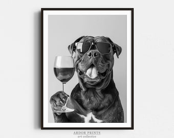 Cane Corso and Wine Print: Bar Cart Print, Funny Dog Poster, Trendy Kitchen Decor - Black & White Wall Art