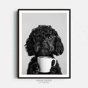 Black Cockapoo And Coffee Wall Art, Black and White Print, Coffee Lover, Dog Gift, Funny Dog Poster, Coffee Bar Art, Kitchen Wall Decor