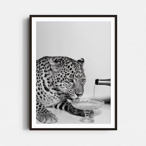 May include: Monochrome framed print of a jaguar drinking champagne. The jaguar, with its distinctive spotted coat, is depicted lapping from a coupe glass as champagne is poured. The image has a stylish, artistic feel, suitable for home decor.