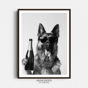 Duitse herder met champagnefles muurkunst, zwart-wit print, hond cadeau, huisdier kunst, alcohol print, grappige hond poster, Home Bar decor