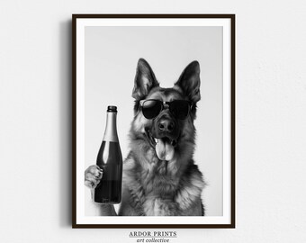 Schäfer som dricker champagne: Barvagnstryck, rolig hundposter - Trendig svartvit väggkonst