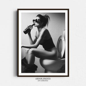 Woman Sitting On Toilet Wall Art | Girl On Toilet Drinking Wine Poster | Black and White Print | Funny Bathroom Art | Retro Wall Decor