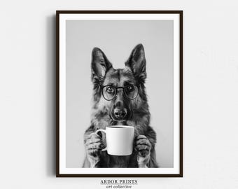 German Shepherd Coffee Wall Art: Funny Dog Print, Coffee Bar Poster, Black & White Kitchen Decor