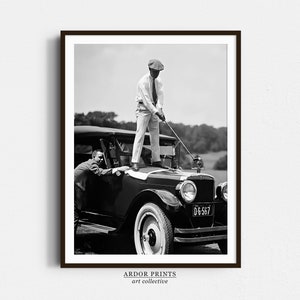 Vintage Golfer Teeing on Car Wall Art, Black and White Print, Sports Bar Wall Decor, Funny Wall Art Gift for Men, Retro Golf Print