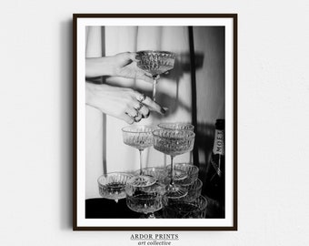 Champagne Glasses Wall Print, Black and White Art, Wine Glasses Poster, Bar Cart Print, Cocktail Wall Art, Retro Photography, Bar Wall Decor