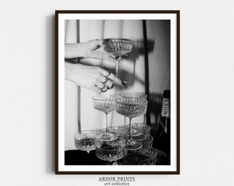 Champagneglazen muur print, zwart-witte kunst, wijnglazen poster, bar kar print, cocktail kunst aan de muur, retro fotografie, bar muur decor