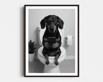 Dachshund Texting on Toilet Print: Funny Bathroom Decor (Digital Download)