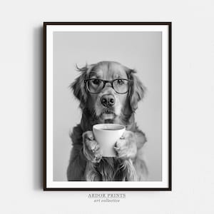Golden Retriever Coffee Print: Coffee Bar Decor, Dog Gift, Funny Dog Poster, Kitchen Wall Art - Black and White Print