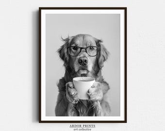 Golden Retriever Drinking Coffee Wall Art, Black and White Print, Coffee Lover Print, Dog Gift, Funny Dog Poster, Kitchen Wall Decor