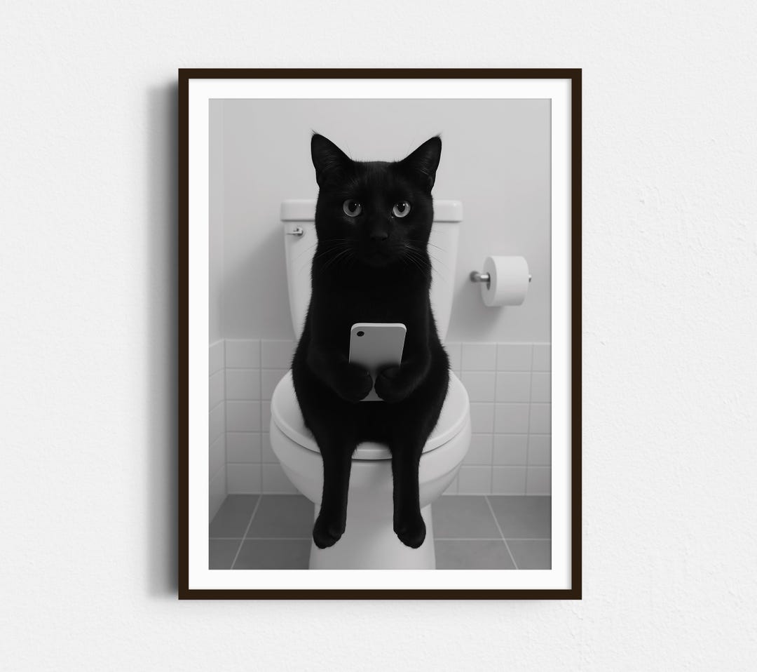Black Cat on Toilet Print: Funny Cat Poster, Funny Bathroom Wall Decor ...