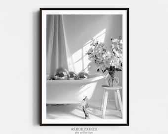 Impresión de bañera con bola de discoteca: Arte de baño en blanco y negro (descarga digital)