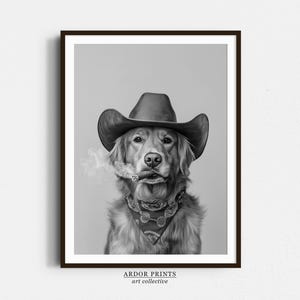 Golden Retriever Cowboy Print: Western Dog Art, Vintage Dog Poster, Trendy Retro Decor - Black and White Wall Art