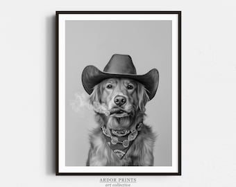 Golden Retriever Cowboy Print: Western Dog Art, Vintage Dog Poster, Trendy Retro Decor - Black and White Wall Art