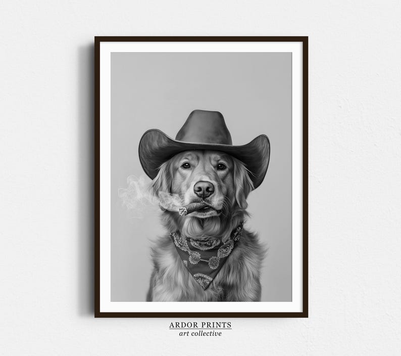 Golden Retriever Cowboy Wall Art, Western Print, Black and White Print