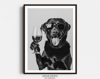 Funny Labrador Drinking Wine Art Print: Black Lab Bar Cart Decor (Digital Download)