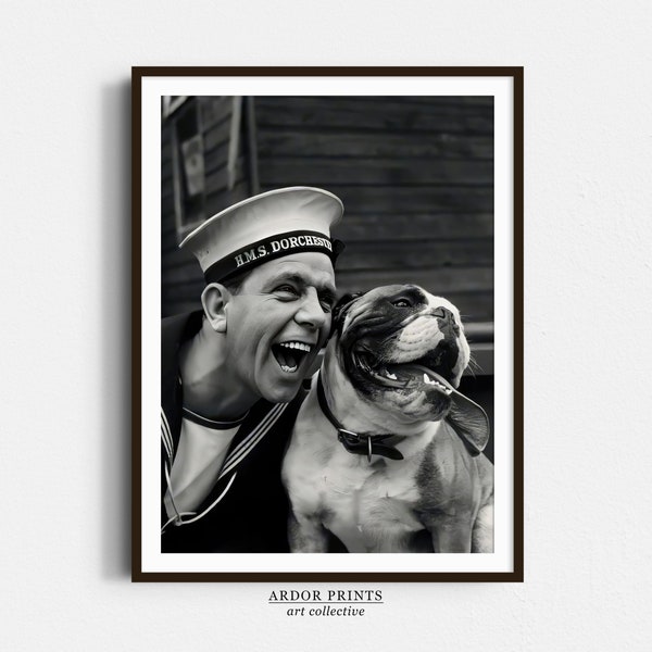 Sailor and Bulldog Smiling Wall Art, Vintage English Bulldog Art, Black and White Print, Funny Dog Wall Art, Retro Wall Decor