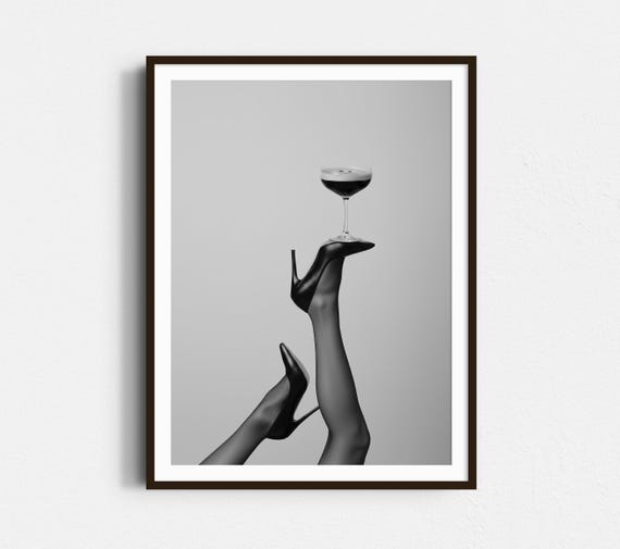 Espresso Martini & Heels Wall Art: Bar Cart Print, Feminine Cocktail Poster, Retro Minimalist Decor, Black And White Fashion Print